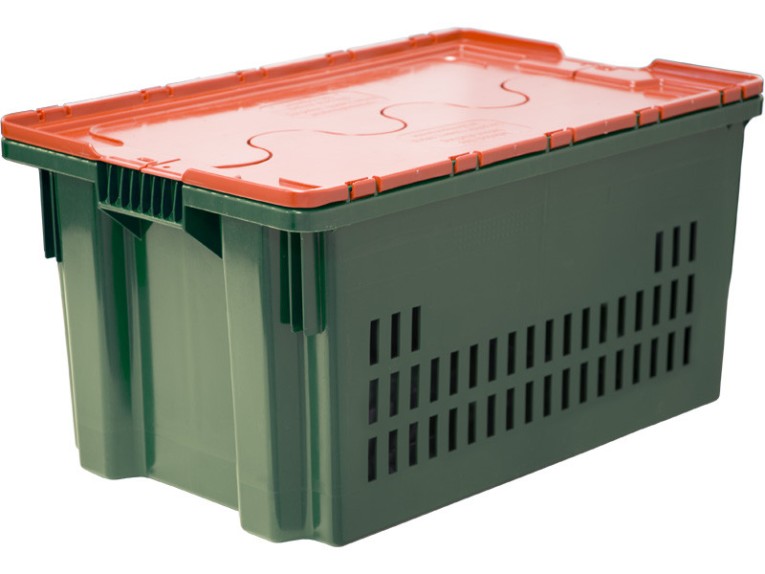 Ящик 600х400х300 дно сплошное, стенки перфорированные, Safe PRO цв. зелёный с оранжевой крышкой купить в Туле