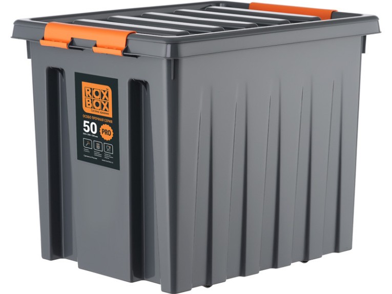 Контейнер особопрочный Rox Box PRO 50 (500х390х390 мм с крышкой и клипсами, на роликах, антрацит) купить в Туле